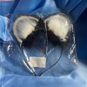 Black and White Furry Cat Ear Headband & Black Tail
